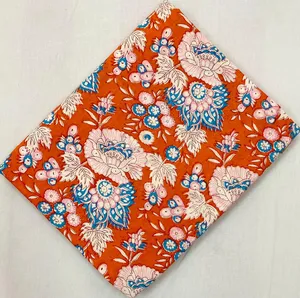 Premium Orange Cotton Floral Block Print Midi <b>Dress</b> With Puff Sleeve <b>Loose</b> Fit V-Neck Casual Summer <b>Dress</b> - Product Image 5