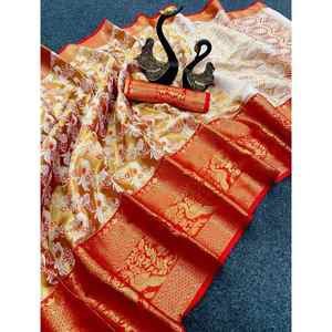 KANJIVARAM TRADITIONNEL SOIE ZARI TISSAGE TRAVAIL SAREE AVEC BLOUSE INCOSÉE ORANGE - Product Image 2