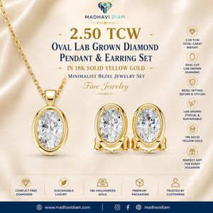 Ensemble pendentif et boucles d'oreilles en or jaune 18 carats massif avec diamant ovale de laboratoire, 2,50 carats au total, monture minimaliste - Product Image 1