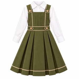 Girls Olive Green Pinafore Dress <b>White</b> Long Sleeve Blouse <b>Pleated</b> <b>Skirt</b> Button Detail Elegant School Uniform 100% Polyester - Product Image 3