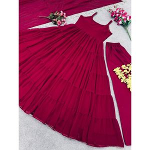 VESTIDO DE FIESTA GEORGETTE VESTIDO LISO FONDO CON BORDADO TRABAJO DUPATTA ROJO - Product Image 5