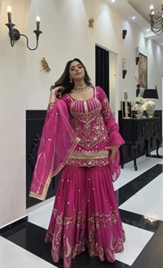Women's Heavy Sindoor Silk Sharara Palazzo Dress Set with Full Sleeve Embroidered <b>Top</b> Sequin Work Butterfly <b>Net</b> Dupatta - Product Image 4
