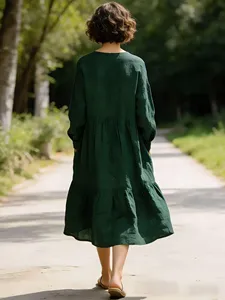 Women dark green midi <b>dress</b> V neck <b>long</b> sleeve <b>boho</b> style flowy loose fit tiered casual summer autumn <b>dress</b> - Product Image 4