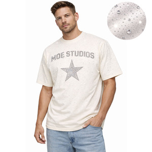 Trendy Rhinestone Men's shirts Luxury <b>Star</b> Graphic Oversized beige T-Shirt Crystal Bling Streetwear Hip Hop Cotton 280GSM Tops - Product Image 1