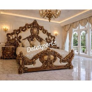New Design High Back Upholstered King <b>Bed</b> Buy Royal Teak Wood <b>Bed</b> With Side <b>Stools</b> Luxurious Gold Finished Bedroom Collection - Product Image 3
