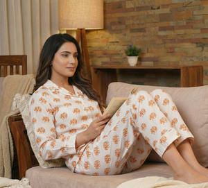 Elephant Hand Block Print Cotton <b>Womens</b> Nightwear Pajama Set Soft Lounge Clothing Wholesale India - Product Image 4