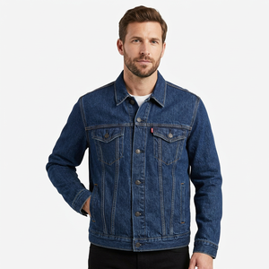 Veste en jean bleu foncé délavé pour homme, col rabattu, boutons, grande taille, automne, avec poches, fabriquée au Bangladesh. - Product Image 4