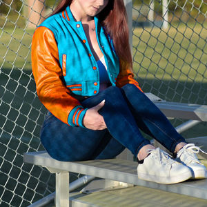 Veste courte de style universitaire pour femmes, bleu clair et orange, style bomber, manches en simili cuir, vêtements d'extérieur décontractés, mode féminine - Product Image 6