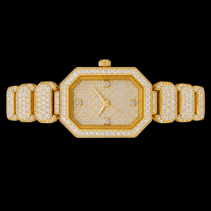 Montre-bracelet de luxe en acier inoxydable avec diamants moissanite octogonaux plaqués or, style hip-hop, bijou de mode haut de gamme - Product Image 2