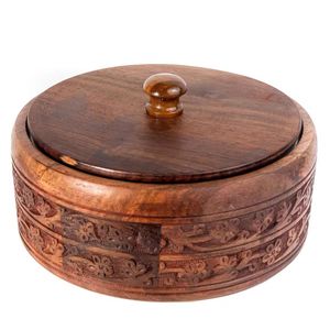 Casserole Traditionnelle en Bois de Mangue Sculpté à la Main avec Couvercle en Bois Assorti, Réchaud Alimentaire Artisanal Isolé pour une Repas Naturelle - Product Image 1