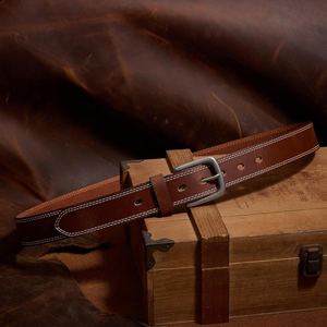Ceinture en cuir véritable pour homme, ceinture classique en cuir de vache marron avec boucle en métal durable, pour tenue formelle et décontractée - Product Image 2