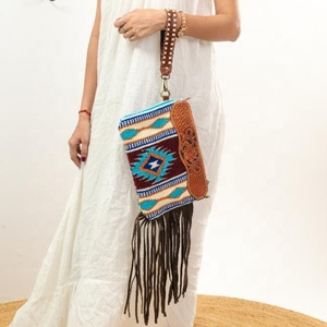 Élégant Vintage Turquoise aztèque Jacquard tissu sac à bandoulière unique usiné à la main nouveau bohème Chic coton robe femmes vente chaude - Product Image 2