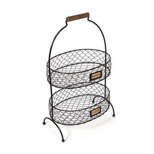 Wooden Handle Metal 2 Tier Hanging Fruit Storage <b>Basket</b> French Iron <b>Wire</b> Eco-Friendly Rectangle Shaped - Product Image 4