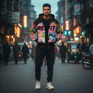 Sweat à capuche zippé Rexfit Sports personnalisé, effet délavé, en molleton épais, style streetwear, avec impression DTG, OEM, fermeture éclair intégrale. - Product Image 2