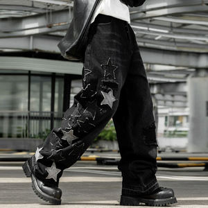 Pantalon décontracté unisexe en denim délavé de haute qualité, style vintage respirant, streetwear hip-hop Y2K avec patch brodé étoile - Product Image 5