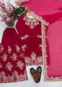 Nuevo Conjunto de 3 Piezas de Diseño Exclusivo en Seda Natural con Bordado Pesado y Lentejuelas Chinas: Top, Sharara y Dupatta - Reversible y Sin Arrugas - Product Image 5