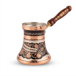 Cafetera turca de cobre oxidado grabado con motivos florales, Cezve, Ibrik árabe, Briki griega, calentador de leche para estufa con mango de madera incrustado - Product Image 1