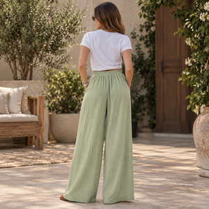 Pantalon palazzo à jambes larges pour femme avec taille élastique et poches latérales |   Pantalons décontractés fluides pour les vacances d'été, les stations balnéaires et la plage - Product Image 3