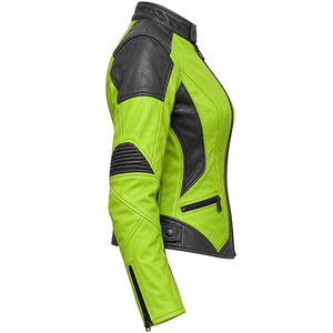 Neon Green Leather Jacket <b>Womens</b> Black Panel Stand Collar Biker Fitted Zip Sleeve Custom Racing Track <b>Outerwear</b> Coat Top - Product Image 3