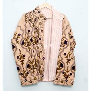 Veste luxueuse brodée à la main 100% cotisse, col mandarin épais, écologique, détails floraux complexes, rayures en coton - Product Image 6