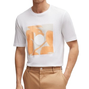 Camiseta Blanca de Manga Corta para Hombre, Estampado Abstracto Naranja, Cuello Redondo, Corte Regular, Informal, 100% Algodón Jersey, 220g, Transpirable, Tejido de Punto - Product Image 6