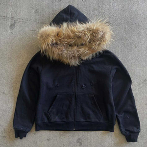 Men's <b>Black</b> <b>Zip</b> <b>Up</b> fashion <b>Hoodie</b> with Fur Trim Hooded Winter Casual Long Sleeve autumn wear - Product Image 1