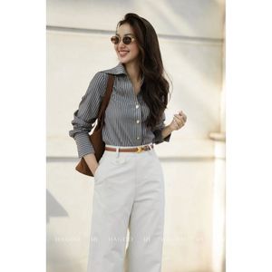 Chemise élégante pour femme à col pointu, col en tissu, rayée, en popeline de coton, manches longues, respirante, pour le bureau ou l'école A8088 - Product Image 5