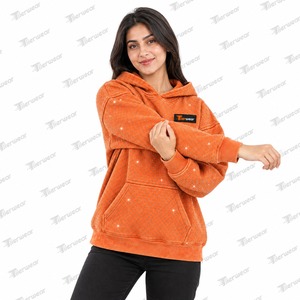 Tiierwear Women's <b>Orange</b> Oversized acid washed <b>Hoodie</b> Fleece With rhinestone Front Logo Pocket Regular Fit Autumn Wear - Product Image 2