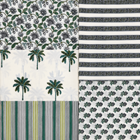Ensemble de tissus en coton gris-vert imprimé à la main avec motif floral et rayures palmiers pour la confection de robes, la couture, les textiles de maison et l'artisanat – Doux