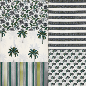 Grey Green Hand Block Printed Cotton Fabric <b>Set</b> With Floral Palm Stripe Motif For Dress <b>Sewing</b> Home Textile Craft Soft - Product Image 1