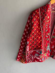 Red Floral Quilted <b>Jacket</b> With <b>Mandarin</b> <b>Collar</b> Three Quarter Sleeve Winter Women's Outerwear gift for her - Product Image 2
