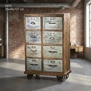 Industrial Wooden Iron Cabinet <b>on</b> <b>Wheels</b> Vintage Rolling Storage <b>Chest</b> 08 <b>Drawer</b> Rustic Metal Filing Organizer Furniture - Product Image 6