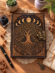 Herb Heritage Large Hardcover Leather Grimoire Tree <b>Life</b> Notebook Celestial Spell <b>Book</b> Sewing Bound Water Color Vintage Old Page - Product Image 6