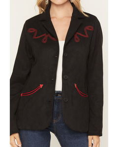 Black Western Blazer Women Red Sequin Scroll Embroidered <b>Suede</b> <b>Jacket</b> Notch Lapel Button Front Cowgirl Rodeo Coat Bulk - Product Image 3