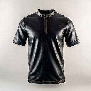 T-shirt en cuir à manches courtes zippé pour homme, respirant, écologique, de haute qualité, style vintage streetwear - Product Image 1