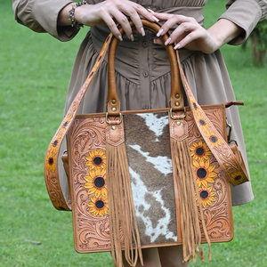 Sac fourre-tout en cuir de vachette de qualité supérieure, orné de fleurs et de franges, fait main, élégant, pour femme. - Product Image 1