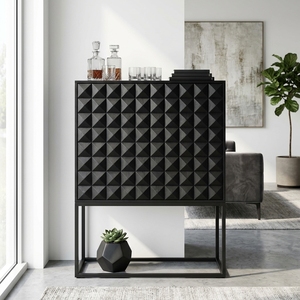 Dice Tall Black Modern Wooden Storage <b>Drawer</b> Cabinet Organizer Featuring Geometric Diamond Pattern Carved Facade Metal Base - Product Image 3