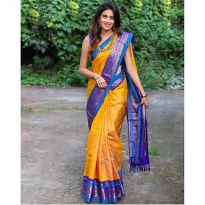 Ropa India suave lichi seda Sari amarillo - Product Image 1