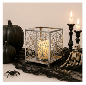 Metal Halloween <b>Lantern</b> with Intricate Spider Web Punch Detail Spooky Silver Candle Holder for Gothic Home Decor and Party Use - Product Image 4