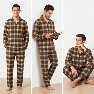 Ensemble pyjama en flanelle pour homme, manches longues, chemise boutonnée à carreaux, pantalon, 100% coton, vêtements de nuit respirants, costume à carreaux pour homme - Product Image 3