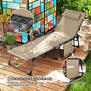 Beige <b>Folding</b> Outdoor Chaise Lounge Chair with 5-Level <b>Adjustable</b> Back and Side <b>Table</b> Pillow Pocket-for Tanning - Product Image 6