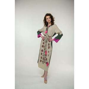 Bohemian Cotton Embroidered <b>Maxi</b> Dress Women Beige Floral Long Sleeve Tie Waist Vintage Ethnic <b>Kaftan</b> Dress - Product Image 1