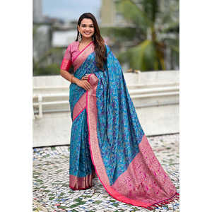 ผ้าซิลค์สีน้ำเงินเนื้อนุ่ม ทอลายแบนดานี ปาโตลา ซารี พร้อมลายทอแบบตัดกัน สำหรับชุดราตรี ผ้าทอระดับพรีเมียม น้ำหนัก 600 กรัม - Product Image 6