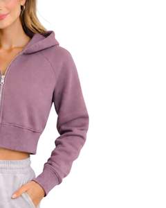 Sudadera con capucha corta para mujer, color morado polvoriento, de algodón y forro polar, corte ajustado, estilo casual, ligera, para mujer - Product Image 3