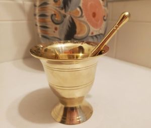 Traditional Kitchen Brass Mortar <b>And</b> Pestle <b>Set</b> For Grinding Dry <b>Spices</b> <b>Herbs</b> Seeds Strong Durable Design - Product Image 5