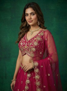 Burgundy Embroidered Bridal <b>Lehenga</b> Choli Wedding Dress Sleeveless V-Neck Floor-Length A-Line Silhouette Polyester Stretchable - Product Image 3