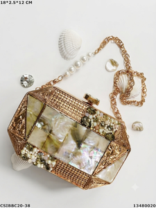 Bolso de mano rígido de lujo con bordado de lentejuelas de nácar y oro, con correa de cadena de conchas, para fiesta, con marco metálico, para mujer - Product Image 5