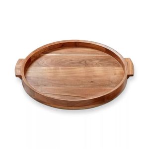 Plateau de service rond en bois d'acacia fait main avec poignée, grand plateau ottoman en bois pour table basse, nourriture, fruits, thé, décoration intérieure - Product Image 1
