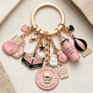 Llavero Personalizado de Guante de Boxeo Rosa con Múltiples Dijes de Oro Rosa y Esmalte, para Fitness, Pilates, Reformer, para Mujeres, Artículos de Gimnasio y Estudio - Product Image 1
