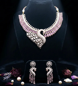 Luxury Peacock Necklace <b>Set</b> Gold Plated Brass CZ & Pink Stone <b>Bridal</b> <b>Jewelry</b> <b>Set</b> with Matching Earrings Traditional Indian - Product Image 1